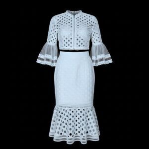 2 Piece White Eyelet Lace Crop Top Mermaid Midi Skirt Womens Small Bell Sleeves